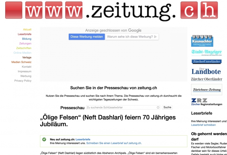 Portal suizo publicó un artículo dedicado al 70º aniversario de “Neft Daslari”