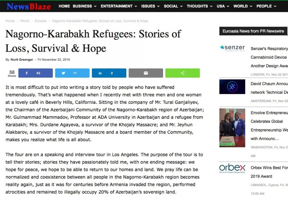 La edición estadounidense de “News Blaze” publicó un artículo sobre los desplazados internos de Nagorno-Karabaj