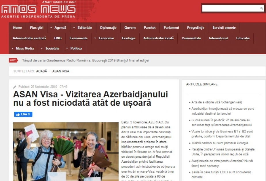 Rumıniyanın “AmosNews” xəbər agentliyi “ASAN Viza” sistemi barədə məqalə yayıb