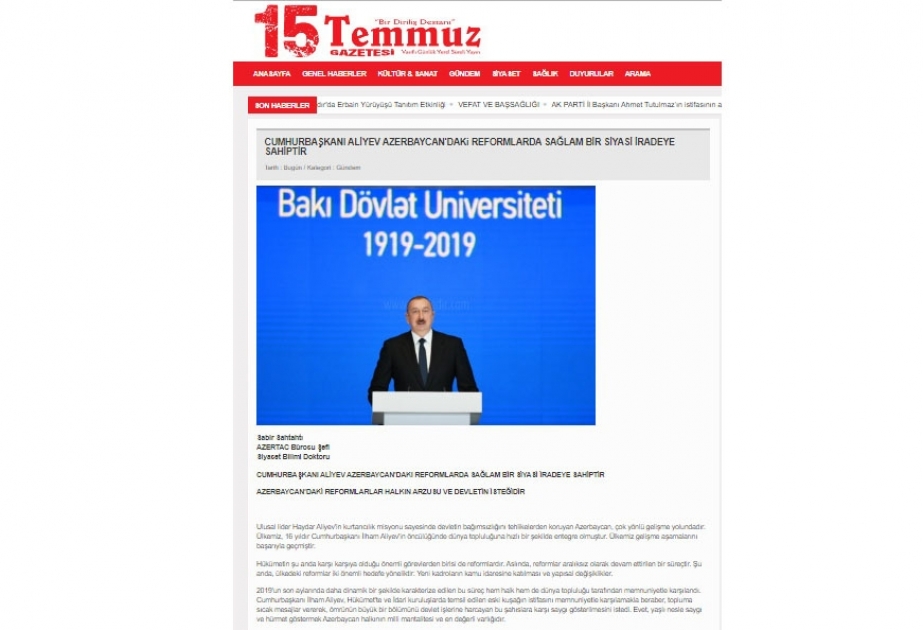 Türkiyə qəzetləri Azərbaycanda həyata keçirilən islahatlardan yazır
