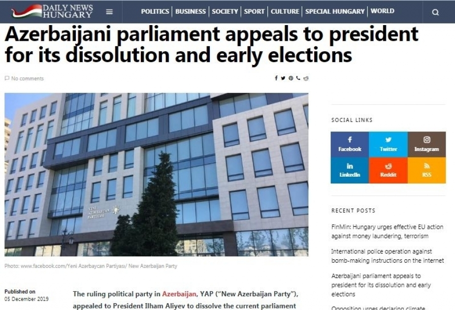 “Daily News Hungary” nəşrində YAP deputatlarının Milli Məclisin buraxılması müraciəti haqqında xəbər dərc olunub