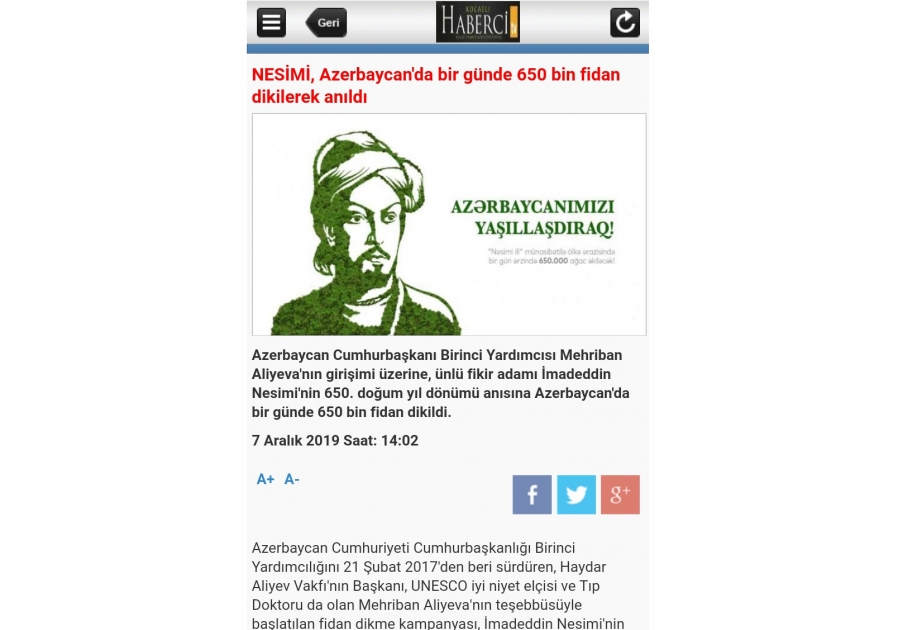 Azərbaycanda keçirilən ağacəkmə aksiyası Türkiyənin yerli və beynəlxalq xəbər agentlikləri tərəfindən geniş işıqlandırılıb