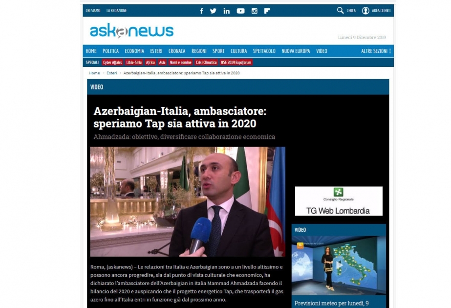 “Askanews” agentliyi Azərbaycan-İtaliya münasibətləri ilə bağlı müsahibə yayıb VİDEO