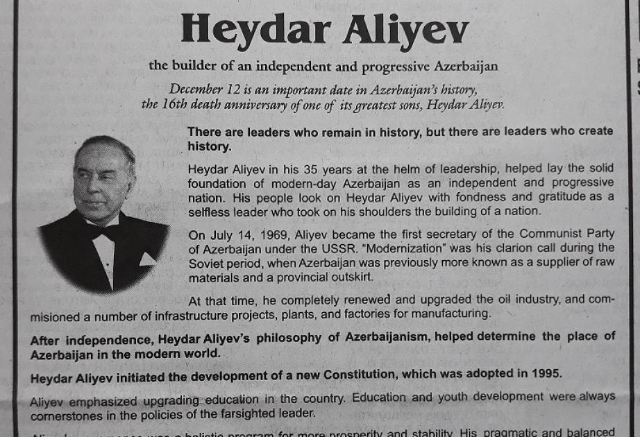 Filippin qəzetində ulu öndər Heydər Əliyevə həsr olunmuş məqalə dərc edilib