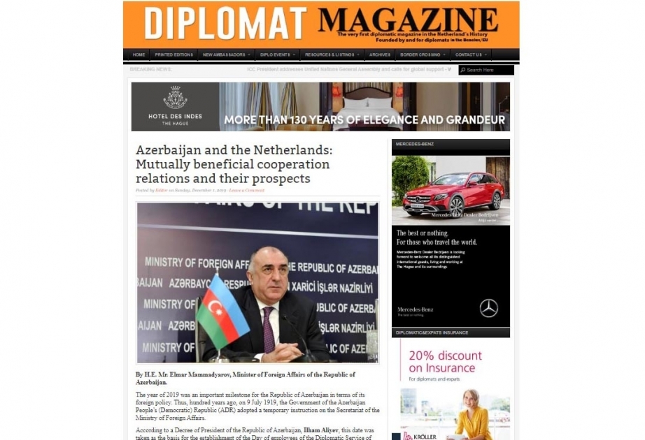 Diplomat Magazine publishes article by Azerbaijan`s FM
