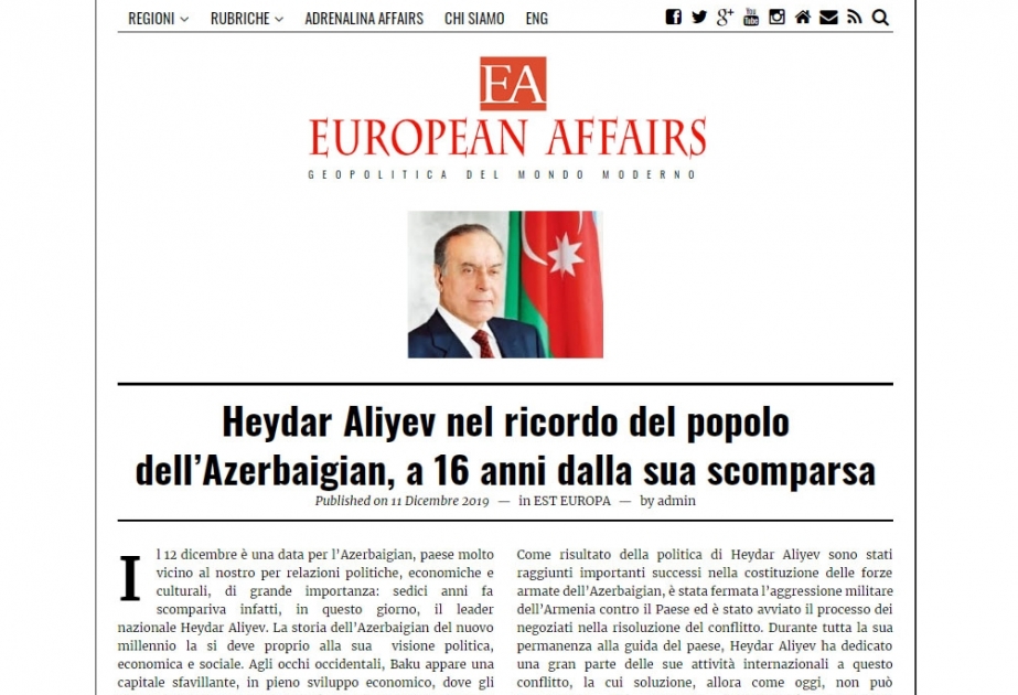 İtaliya qəzeti: Heydər Əliyev Azərbaycan-İtaliya strateji tərəfdaşlığına aparan yolun əsasını qoyub