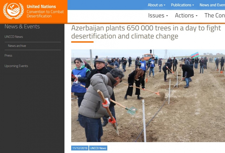 Plantación de 650 mil árboles en Azerbaiyán se destaca en el sitio web de la Convención de las Naciones Unidas de Lucha contra la Desertificación