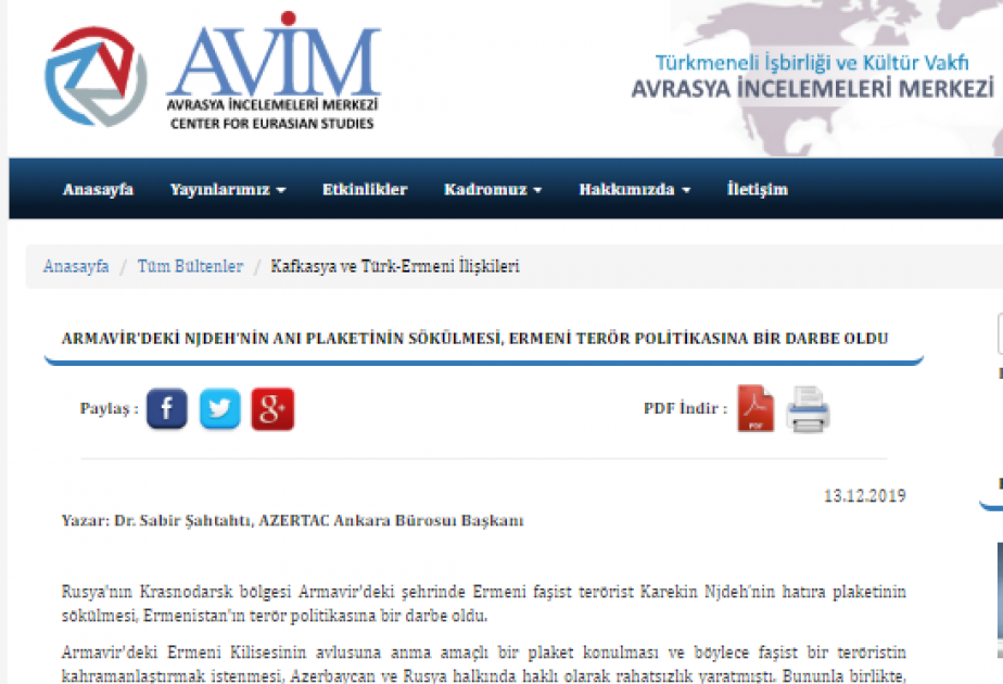 Avrasiya Araşdırmalar Mərkəzinin saytında Ermənistanın terrorçu siyasətini ifşa edən məqalə yayılıb