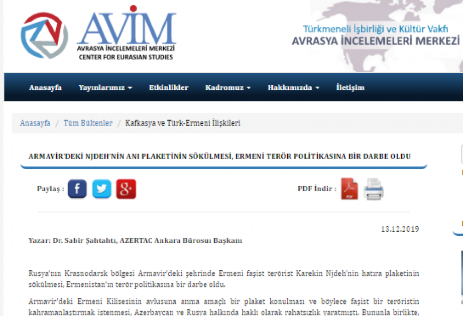 En el sitio web del Centro de Investigación de Eurasia se publicó un artículo en el que se reveló la política terrorista de Armenia