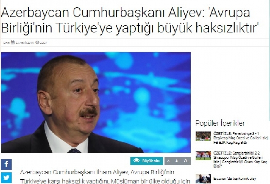 Prezident İlham Əliyevin yerli jurnalistlərə müsahibəsi Türkiyənin aparıcı KİV-ləri tərəfindən geniş işıqlandırılıb