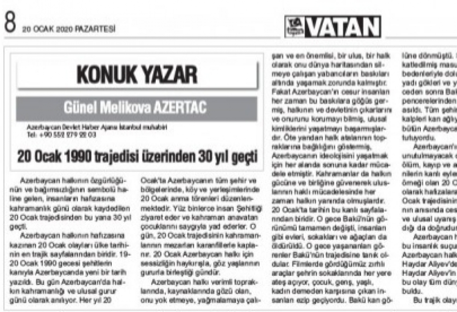Türkiyə mediasında AZƏRTAC-ın xüsusi müxbirinin 20 Yanvar faciəsinə həsr olunmuş məqaləsi dərc edilib