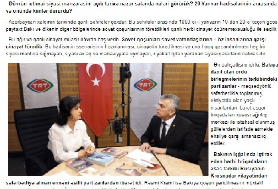 TRT-nin “Türkiyənin səsi” radiosu 20 Yanvar faciəsi ilə bağlı müsahibə yayıb