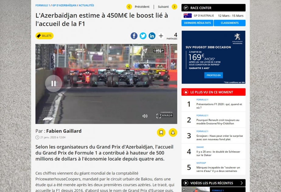 Fransanın “Motorsport.com” portalı Formula 1 Azərbaycan Qran-Prisinin ölkə iqtisadiyyatına töhfəsindən yazıb
