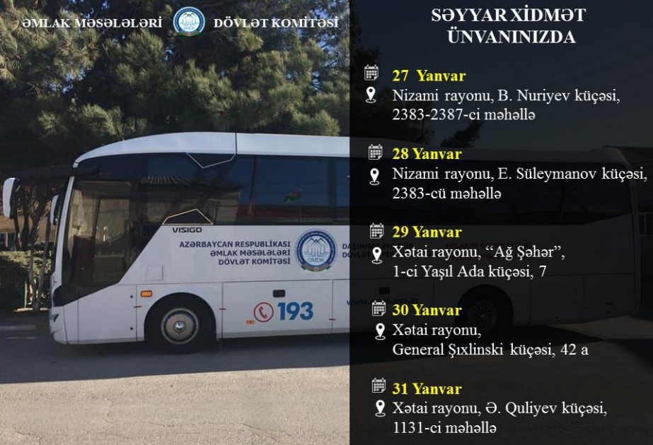Nizami və Xətai rayonlarında mənzillərin səyyar qeydiyyatı aparılacaq