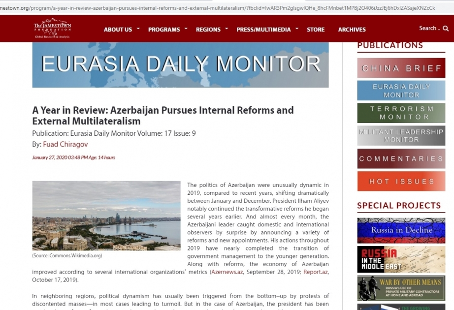La Jamestown Foundation américaine publie un article sur les réformes menées en Azerbaïdjan