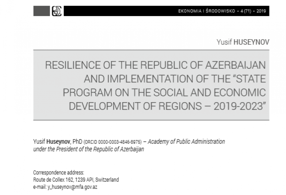 “Economics and Environment” jurnalında Azərbaycan regionlarının inkişafına dair məqalə dərc edilib