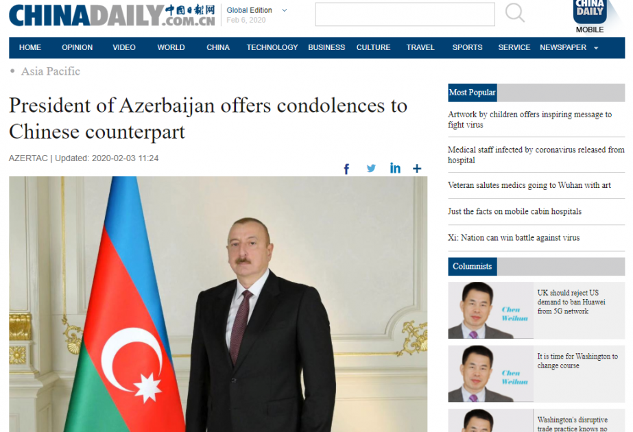 Prezident İlham Əliyevin Si Cinpinə başsağlığı məktubu Çin KİV-lərinin diqqətindədir