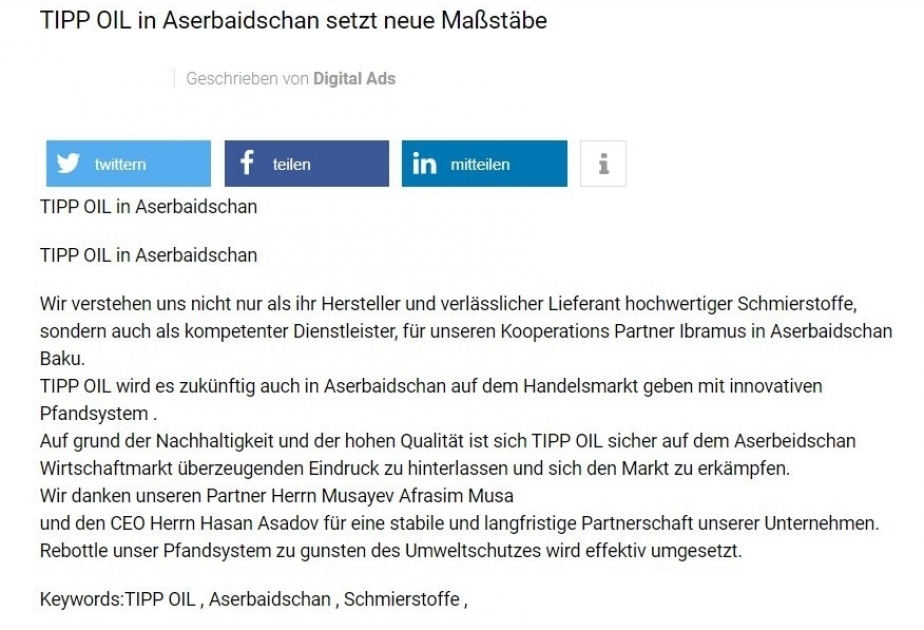 La empresa alemana “TIPP Oil” encontró un socio en Azerbaiyán