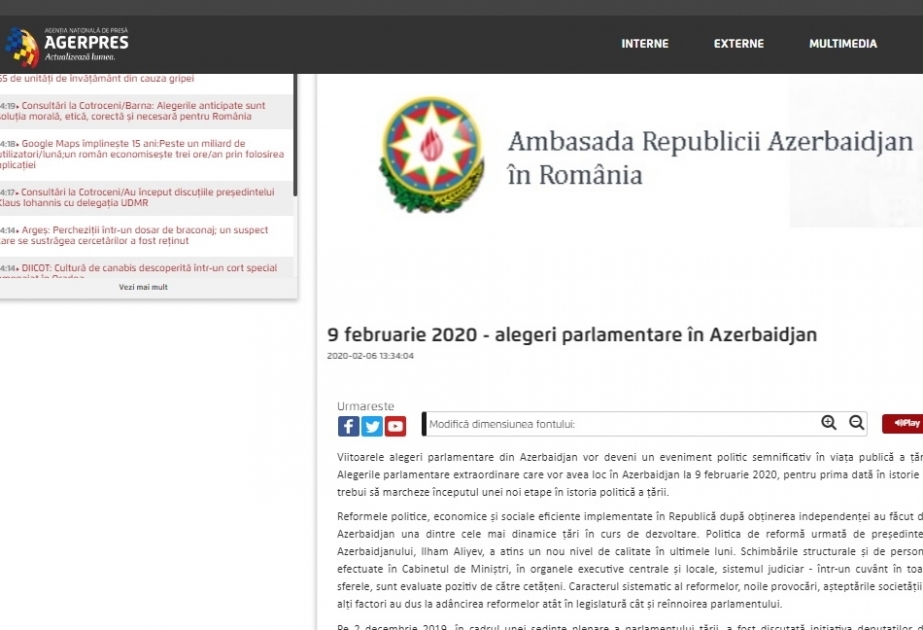 Romanian AGERPRES agency publishes article on parliamentary elections in Azerbaijan