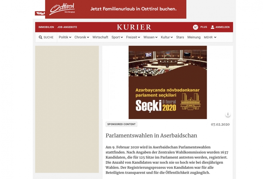 Avstriya nəşri: Seçkilərdə namizədlərin sayının çoxluğu Azərbaycandakı plüralist mühitdən xəbər verir