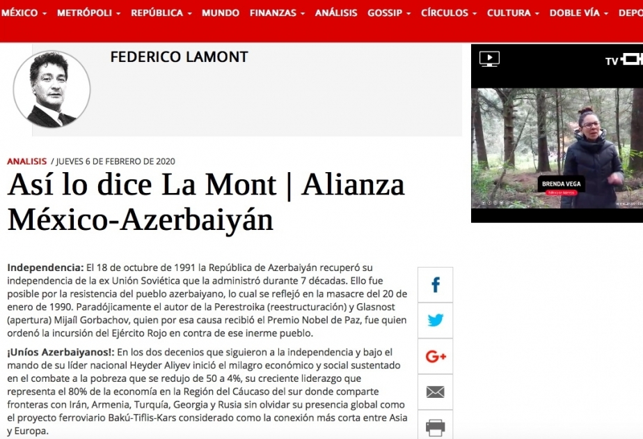 El Sol de México emitió un artículo de Federico Lamont sobre Azerbaiyán