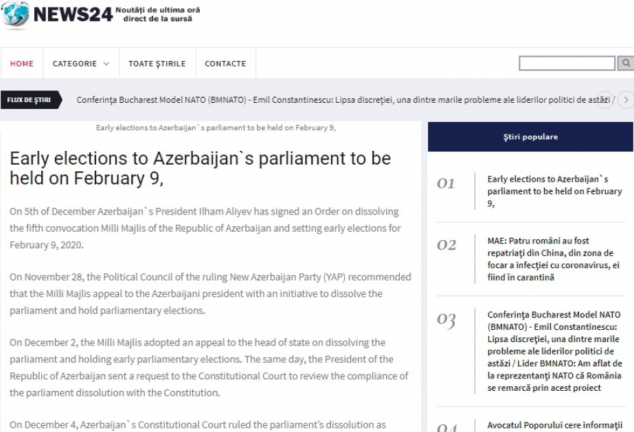 Rumıniya portalı: Parlament seçkiləri Azərbaycanda demokratik sistemin daha da güclənməsinə töhfə verəcək