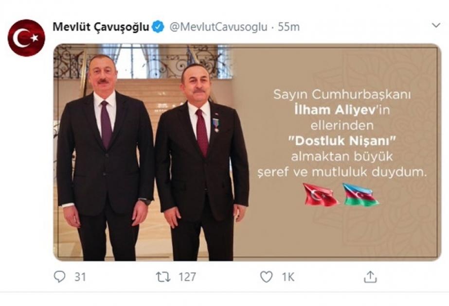 Mevlüt Çavuşoğlu: Fue un gran honor para mí recibir la Orden de “Amistad”