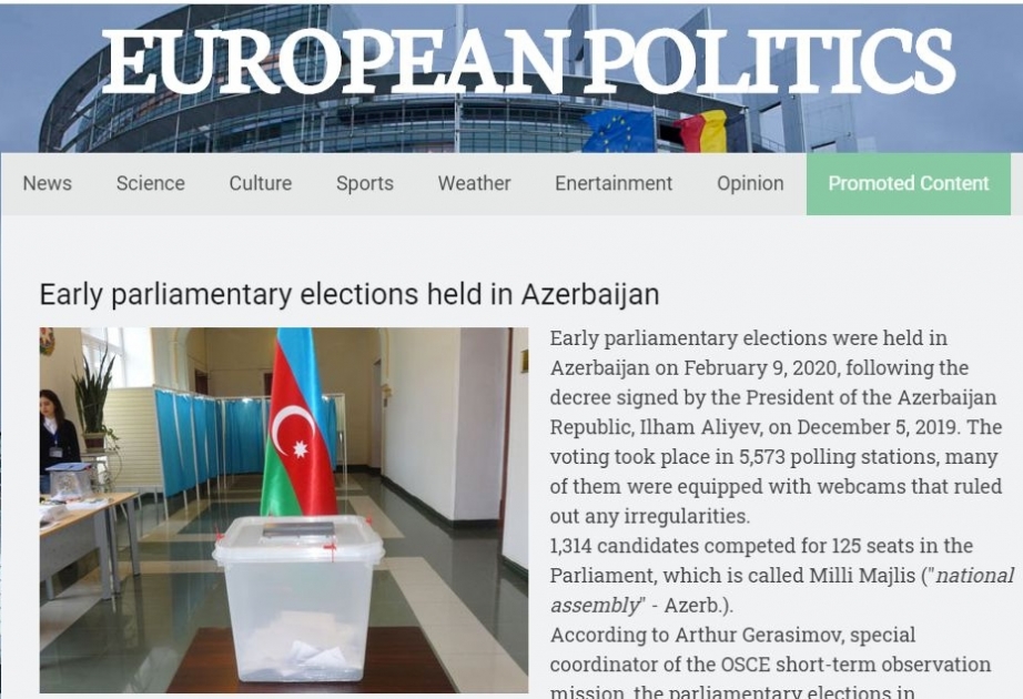 Издание "EU Politics" поместило сообщение собкора АЗЕРТАДЖ о прошедших парламентских выборах