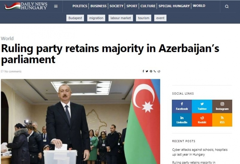Macarıstan nəşri Azərbaycan parlamentinə seçkilərdə hakim partiyanın uğur qazanmasından yazıb