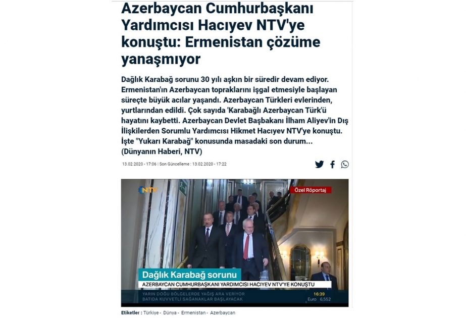 Azərbaycan Prezidentinin köməkçisi Türkiyənin NTV kanalına müsahibəsində Ermənistan-Azərbaycan münaqişəsindən danışıb VİDEO