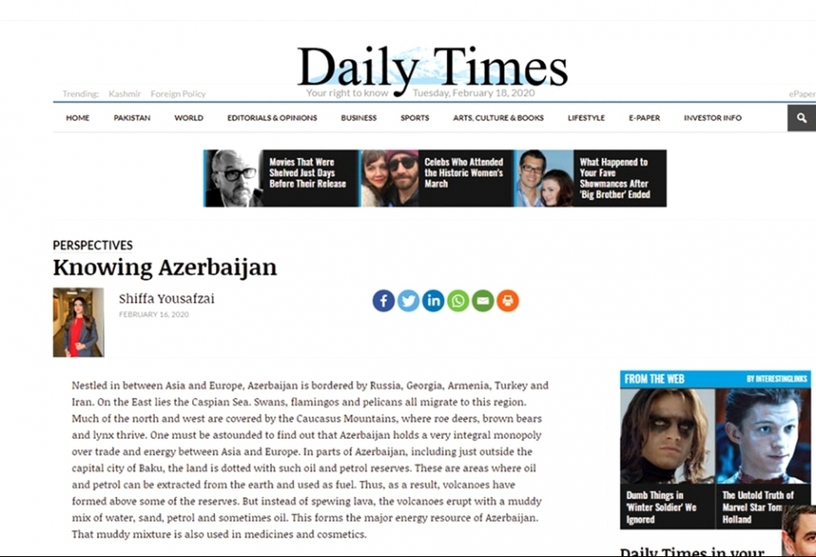 Pakistanlı jurnalist Naxçıvandan yazıb