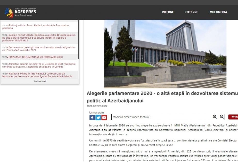 Rumıniyanın AGERPRES agentliyi Azərbaycanda keçirilmiş parlament seçkiləri barədə məqalə yayıb