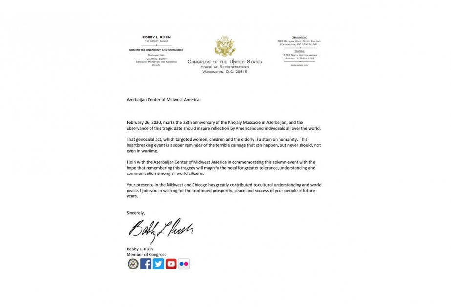 Amerikalı senator və konqresmen Xocalı soyqırımı ilə əlaqədar ABŞ-ın Azərbaycan icmasına müraciət ediblər