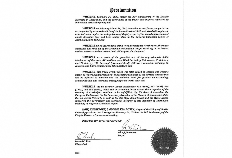 El 26 de febrero fue declarado el Día en Recuerdo de las víctimas del genocidio de Joyalí en Skokie