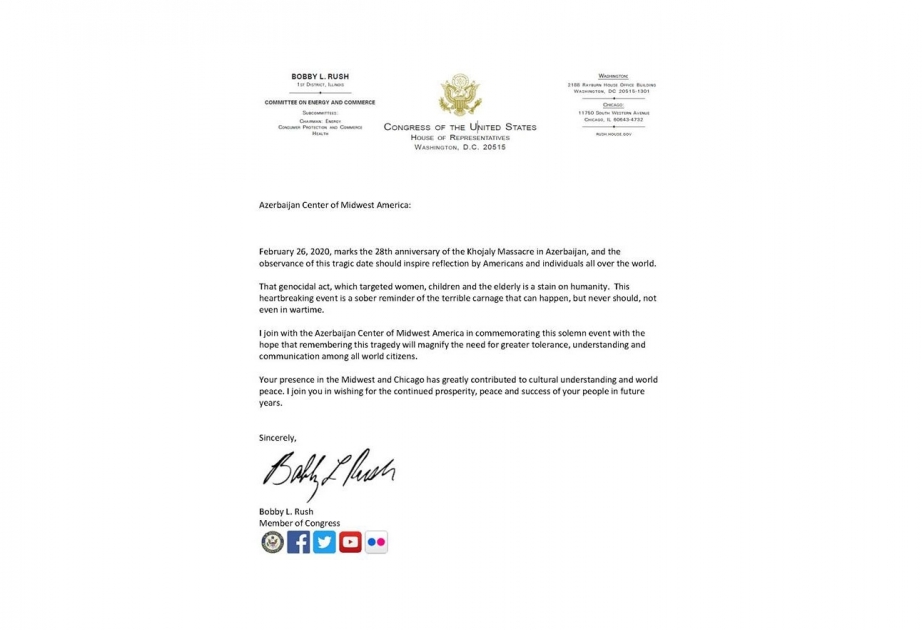 Senador y congresista estadounidense presentó una solicitud a la comunidad azerbaiyana de los Estados Unidos en relación con el genocidio de Joyalí