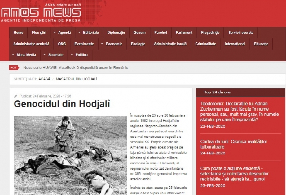 Rumıniyanın “Amosnews” xəbər agentliyi Xocalı soyqırımından bəhs edən məqalə yayıb