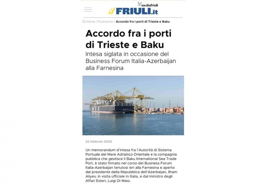 Sitios italianos escriben sobre la cooperación del Puerto de Bakú con el Puerto de Trieste