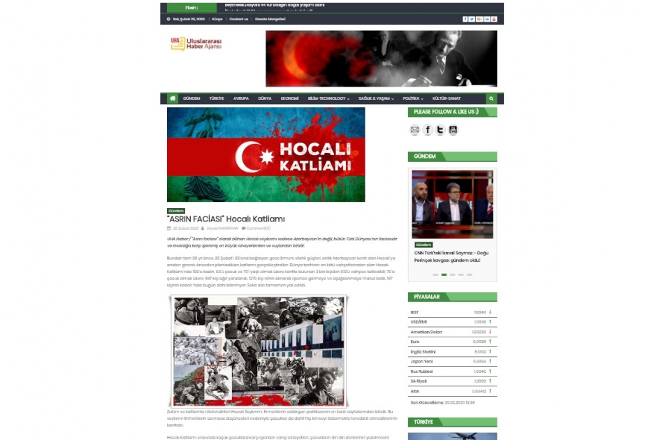 Xocalı soyqırımının 28-ci ildönümü ilə əlaqədar Türkiyə mətbuatında AZƏRTAC-ın müxbirinin məqaləsi dərc olunub