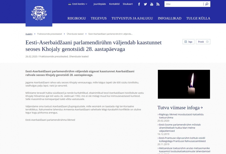 Estoniya-Azərbaycan parlamentlərarası qrupu Xocalı soyqırımı ilə bağlı xüsusi bəyanat qəbul edib