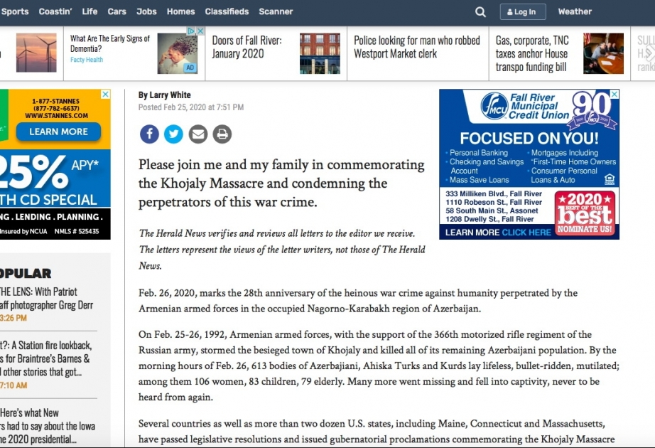 ABŞ-ın “The Herald News” qəzetində Xocalı soyqırımı haqqında material dərc edilib