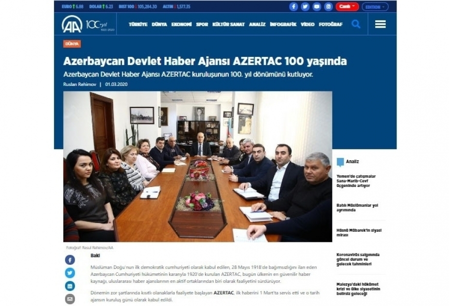 Anadolu Agentur berichtet über 100-jähriges Jubiläum von AZERTAC