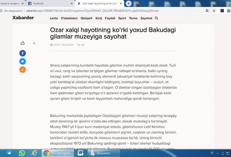 Özbəkistan portalları Azərbaycan Milli Xalça Muzeyi haqqında materiallar verib