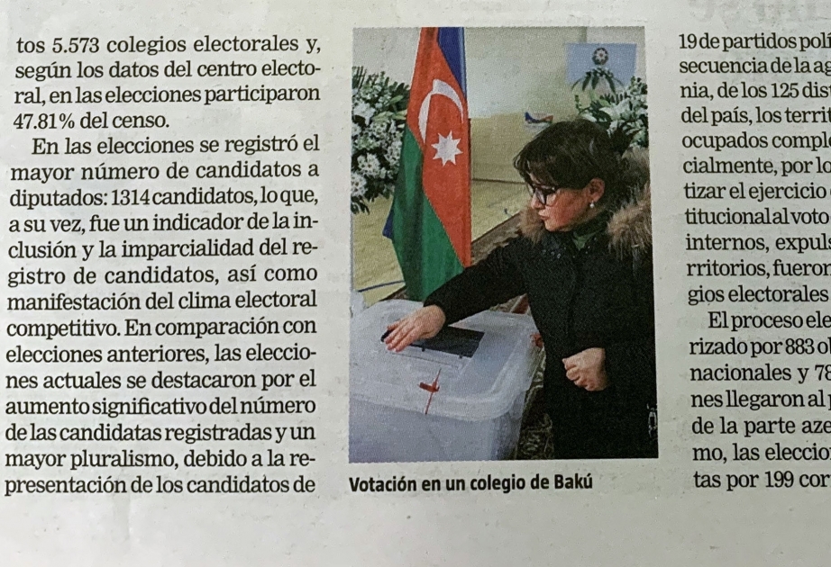 Periódico español escribe sobre las elecciones parlamentarias celebradas en Azerbaiyán