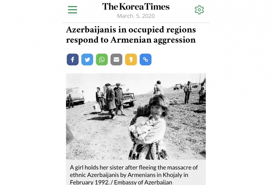 “The Korea Times” qəzeti Dağlıq Qarabağ bölgəsinin azərbaycanlı icmasının bəyanatını dərc edib