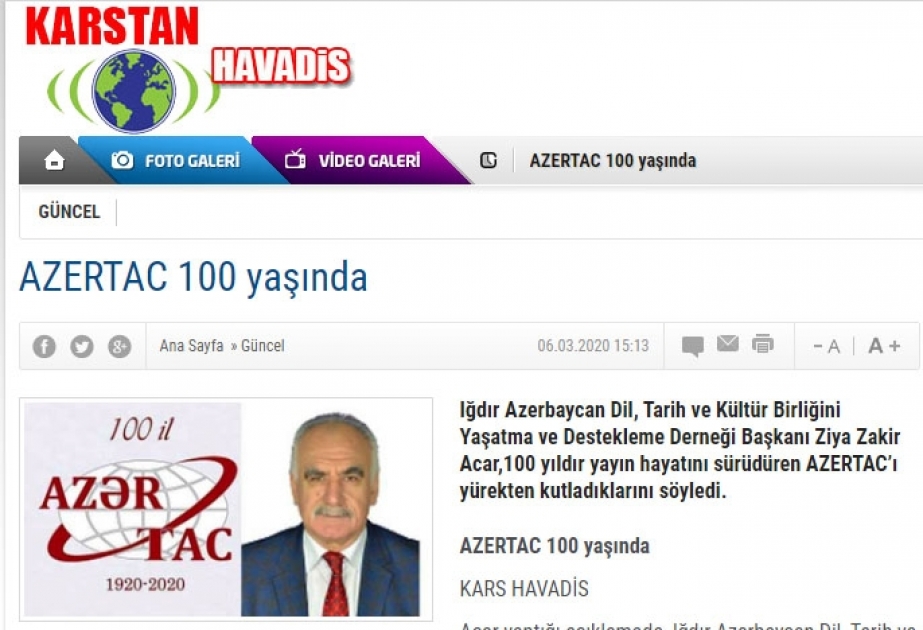 Ziya Zakir Acar: AZƏRTAC Azərbaycanın bütün türk dünyasında xəbər elçisidir