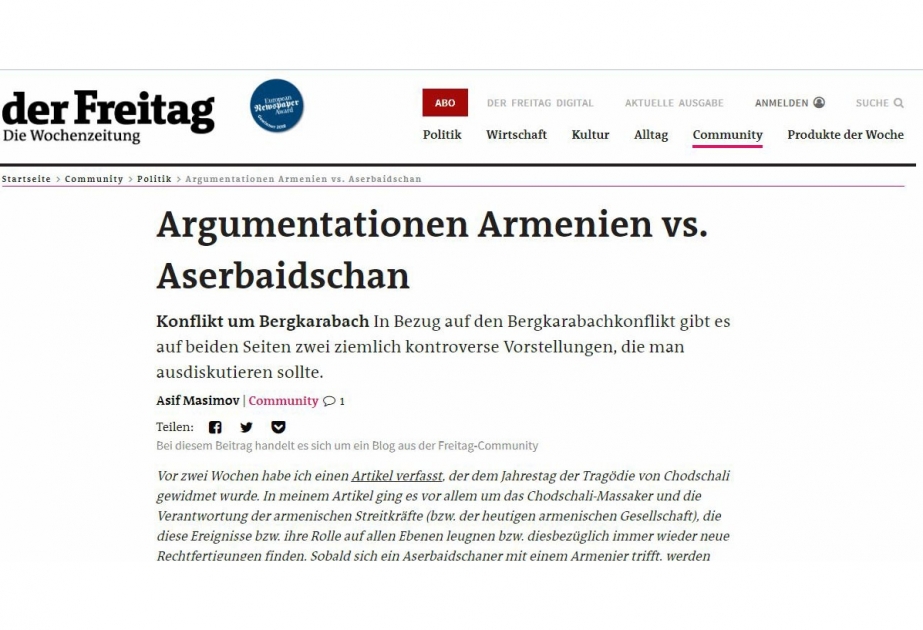 Немецкое издание der Freitag опубликовало статью азербайджанского докторанта