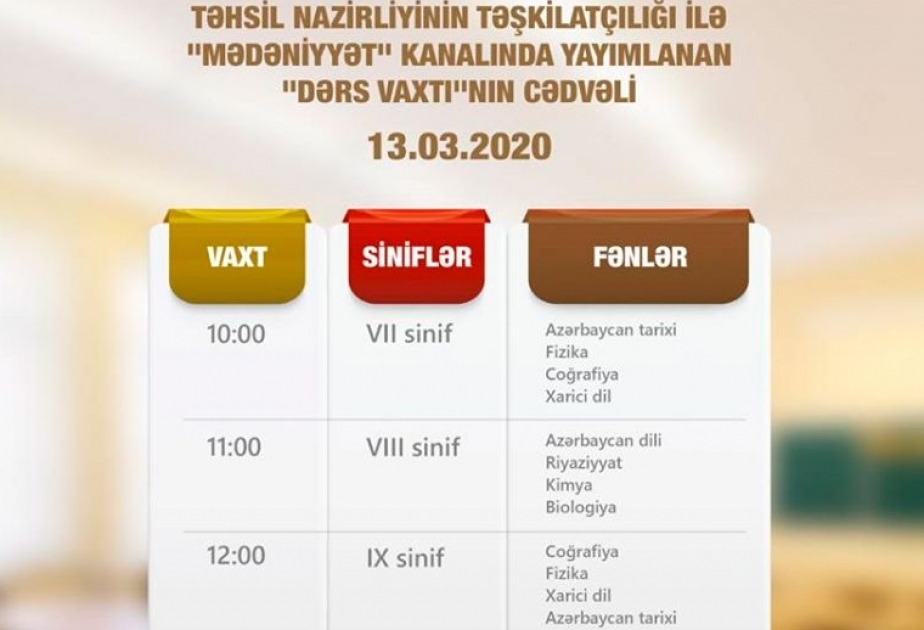 “Dərs vaxtı”: Martın 13-də keçiriləcək dərslərin proqramı açıqlanıb