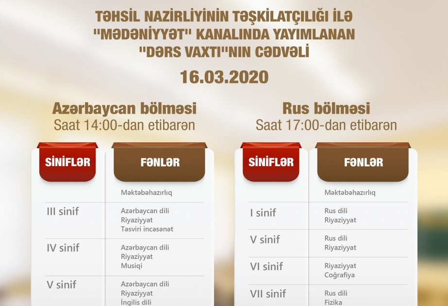 Azərbaycan, rus bölmələri və məktəbəhazırlıq qrupları üçün martın 16-na olan teledərs cədvəli