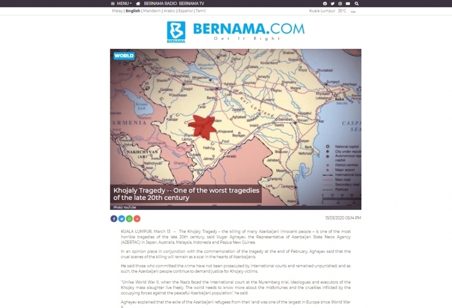 Bernama agency publishes AZERTAC special correspondent’s interview on Khojaly genocide