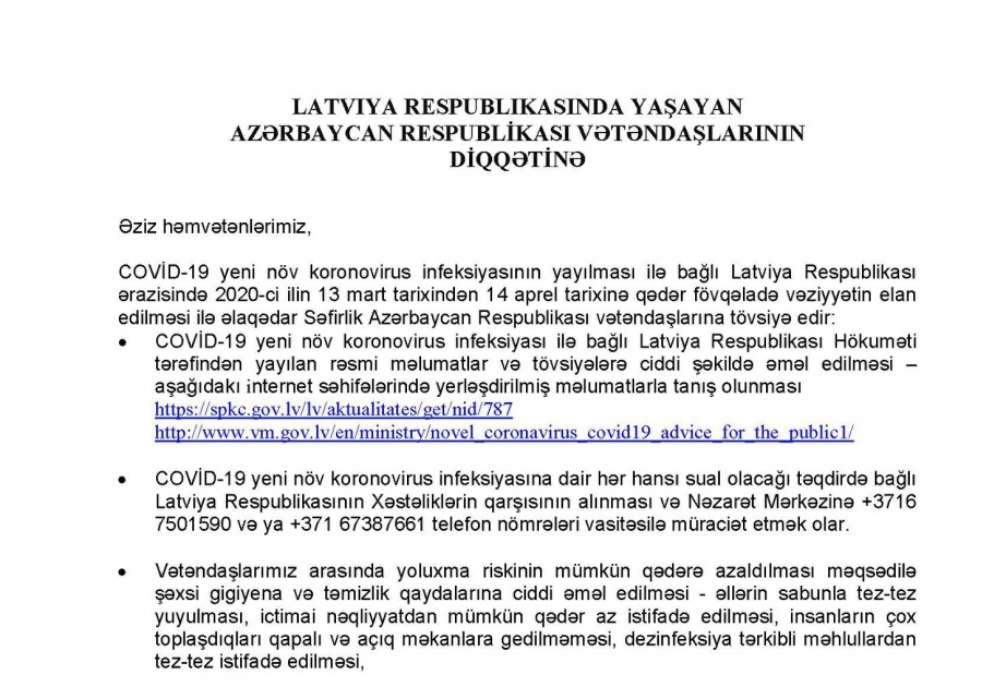 Azərbaycanın Latviyadakı səfirliyi bu ölkədə yaşayan vətəndaşlarımıza müraciət ünvanlayıb